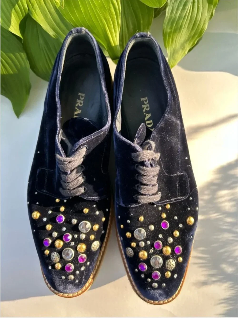 PRADA Velvet Platform Oxford Espadrille Embellished Crystals Shoes Size 40